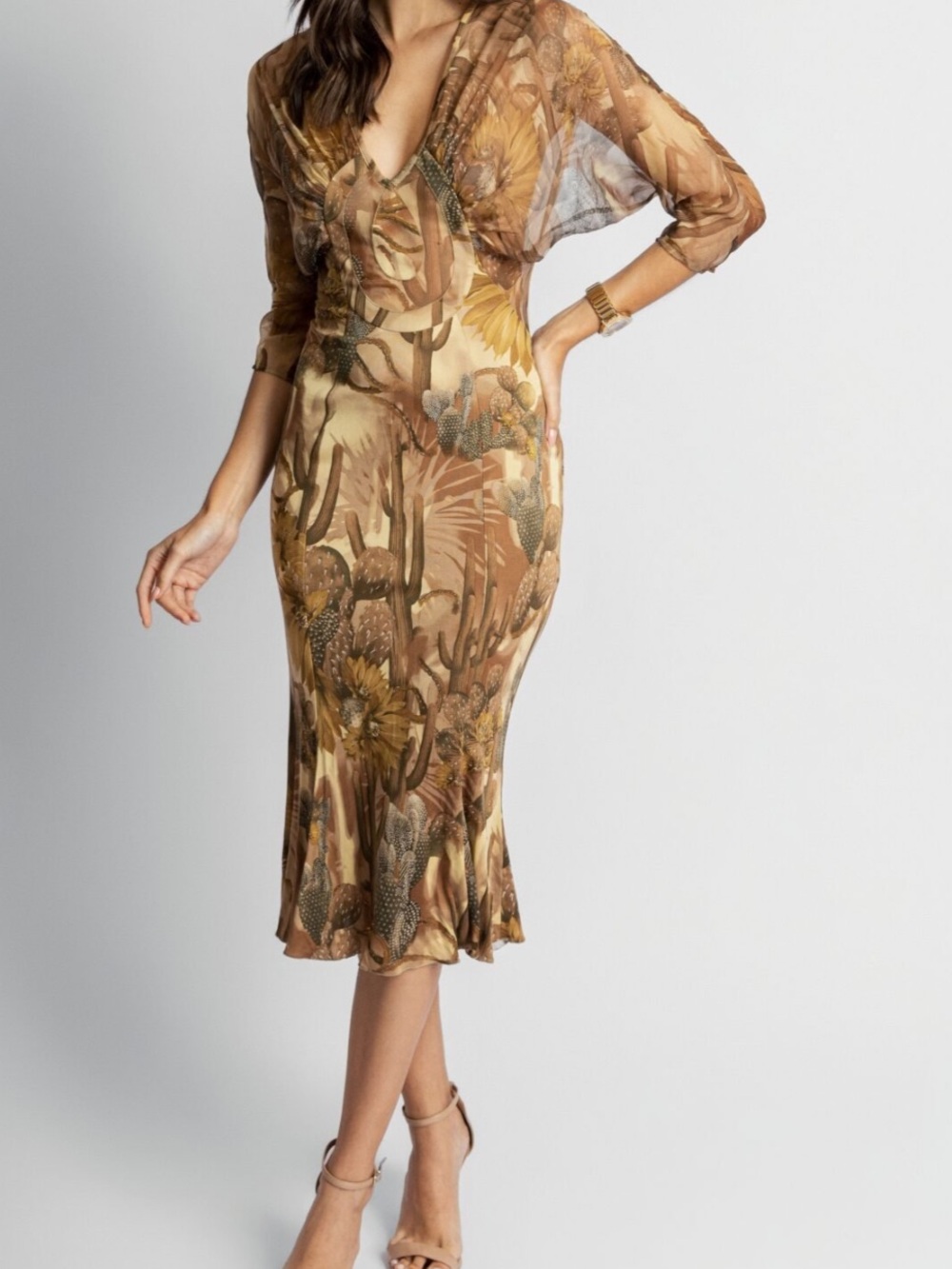 VERSACE VINTAGE SPRING/SUMMER 2006 CACTUS PRINT SILK CHIFFON DRESS - Picture 8 of 17